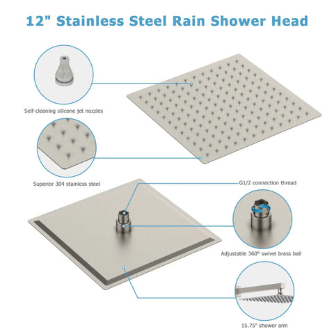 Diagram of a 12 inch stainless steel rain shower head highlighting self-cleaning nozzles and swivel brass ball.