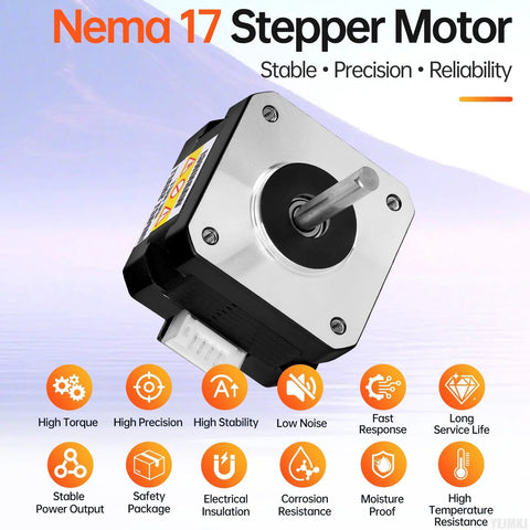 Nema 17 stepper motor, 3-pack, front view, silver faceplate with black body and 4-lead cable