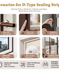 32 Foot Self Adhesive Foam Weather Stripping For Doors And Windows D Shape Draft Stopper Tape Keeps The Chill Out And Muffles Traffic Noise Slashes Utility Bills scenarios illustrated for sealing doors, windows and cabinets, showing applications and benefits.