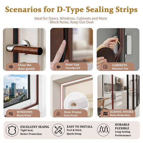 32 Foot Self Adhesive Foam Weather Stripping For Doors And Windows D Shape Draft Stopper Tape Keeps The Chill Out And Muffles Traffic Noise Slashes Utility Bills scenarios illustrated for sealing doors, windows and cabinets, showing applications and benefits.