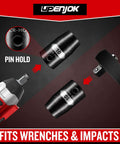 Two Pack Beefy Three Eighths Inch Drive Ten Millimeter Shallow Impact Socket Set, black phosphate finish, pin hold for wrenches.