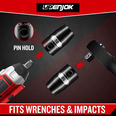 Two Pack Beefy Three Eighths Inch Drive Ten Millimeter Shallow Impact Socket Set, black phosphate finish, pin hold for wrenches.