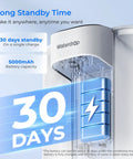 Electric Water Filter Pitcher With Rechargeable Instant Dispenser, Slashes Ninety Nine Point Six Percent Lead And Over Forty Five Impurities, Fifteen Cup Capacity, Two Hundred Gallon Lifespan, NSF Certified 42 53 401 372, Does Not Lower TDS, White, showing battery life and capacity.