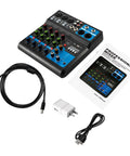 Five Channel Mini DJ Mixer With Bluetooth USB Interface Two XLR Mic Inputs MP3 Player 48V Phantom Power and accessories