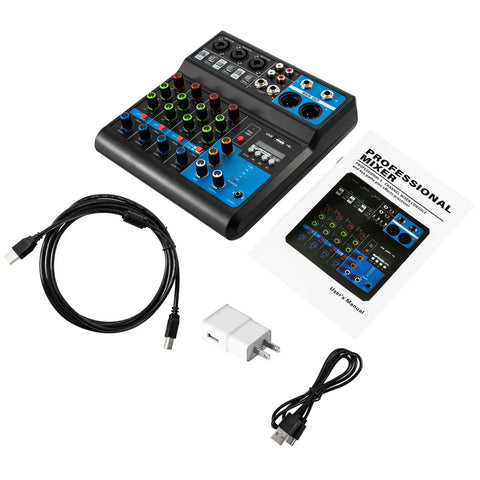Five Channel Mini DJ Mixer With Bluetooth And USB Playback, Phantom Power, MP3 Stereo Input Output with cables and manual