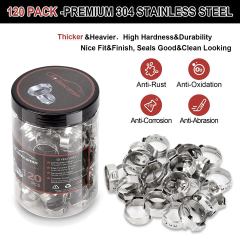 Three Quarter Inch PEX Cinch Clamps Rings 120 Pack Premium 304 Stainless Steel Crimping Rings for PEX Tubing shown in jar and scattered