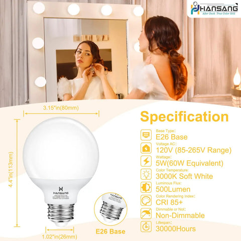 8 Pack G25 LED Bathroom Light Bulbs 3000K Warm White E26 Base Vanity Globe Bulbs 60W Equivalent 5W 500LM CRI 85 Non Dimmable For Vanity Mirror And Bath