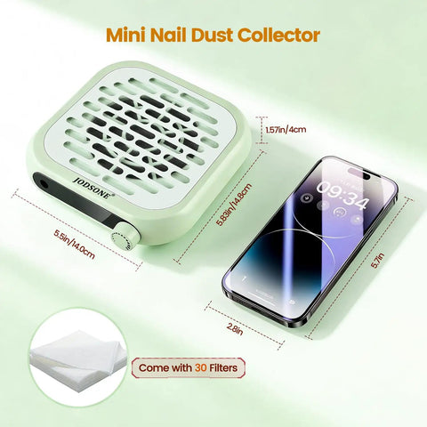 Pocket Sized Nail Dust Collector With 6000 RPM Powerful Suction For Home And Salon, Portable Nail Spa Vacuum next to smartphone