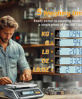 Man using Pro Grade Commercial Food Scale With Pound And Ounce Conversions Rechargeable Stainless Steel Platform.