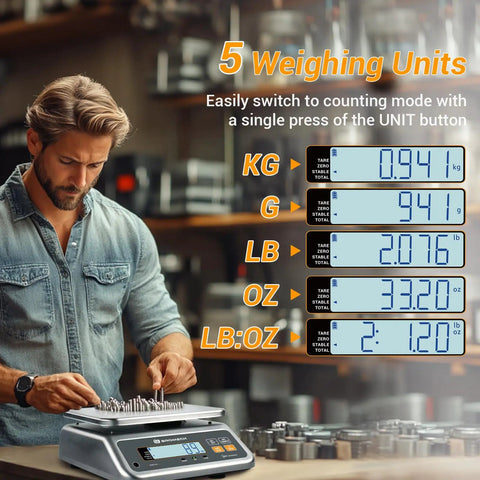 Man using Pro Grade Commercial Food Scale With Pound And Ounce Conversions Rechargeable Stainless Steel Platform.