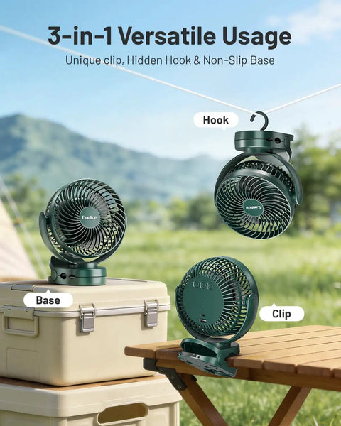 Camping Fan With Remote Control And 12000mAh Battery LED Light Hanging Hook Rechargeable Battery Operated Tent RV Fan