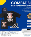 Display of heat transfer paper used on dark tees with cartoon design, compatible with inkjet and laser printers, durable and stretchable