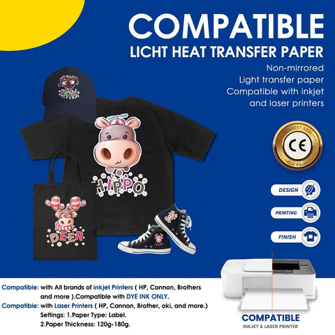Display of heat transfer paper used on dark tees with cartoon design, compatible with inkjet and laser printers, durable and stretchable
