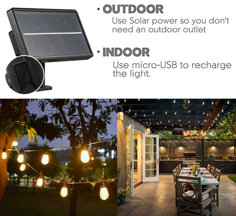 Zero Running Costs Solar String Lights With USB Rechargeable Outdoor LEDs Waterproof And Shatterproof Bulbs 24ft Length hanging in a garden