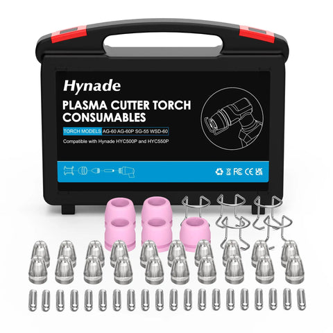 Pro Grade Plasma Cutter Torch Consumables Kit 50-Piece Set for AG60P AG60 WSD60 and HYC500P with nozzle tips and ceramic holders