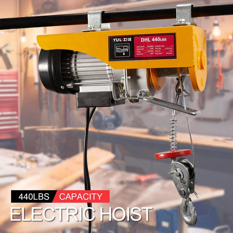 Heavy Duty 440 Lb Electric Hoist And Winch Kit With Remote Control 120V Lift System in a workshop setting