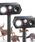 Solar Ultrasonic Critter Repeller With Motion Sensor And LED Flashing Light For Outdoor Yards And Gardens Deterring Deer Cats Dogs Rabbits Squirrels Raccoons And More Two Pack, black solar stake units