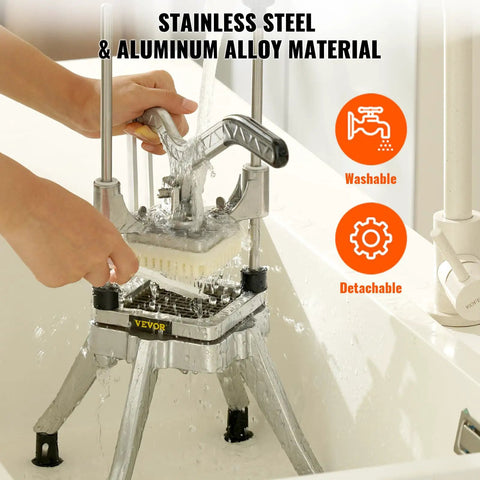 Commercial Vegetable Chopper With Four Replacement Blades, Heavy Duty Stainless Steel Cutter being washed in a sink