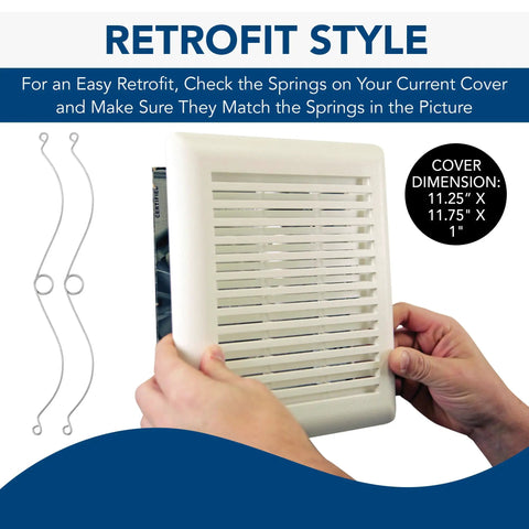 Hands holding Replacement Grille Cover For Roomside Series Bathroom Vent Fans White Finish Easy Install No Fuss Snap On Retrofit Style Fits Housing Nine And A Quarter By Ten Inches with retrofit springs visible