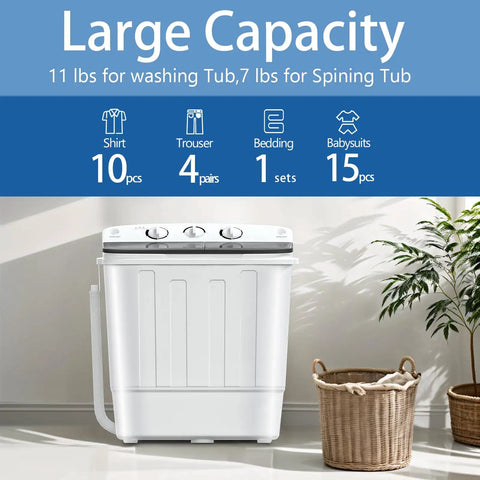 Compact Portable Washing Machine Featuring Heavy Duty Motor And Rapid Clean Cycle With Free Drying Rack Ten Sturdy Hangers Skips Laundromat Grind For Fresh Threads Daily showing large capacity details.