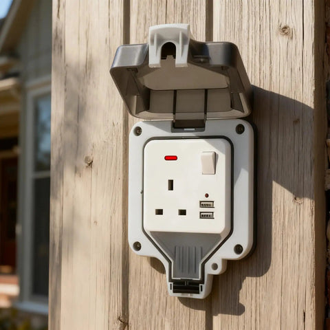 Heavy Duty Outdoor Electric Outlet With Dual Usb Ports And Rugged Flip Cover, Hella Weatherproof 13 Amp Wall Socket on wooden wall.
