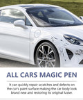 White car with scratches, showcasing Three Piece Magic Car Scratch Remover Pen Set For All Cars, Quick And Easy Fix For Minor Scratches.