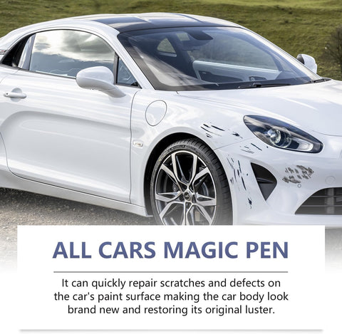 Car with visible scratches showcasing All Cars Magic Scratch Repair Pen Kit 2 Pack For Easy Quick Fix Of Car Scratches.