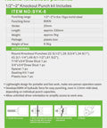 Specifications for 8 Ton Hydraulic Knockout Punch Tool Kit With 6 Dies One Half Inch To Two Inch For Steel Up To One Eighth Inch And Stainless