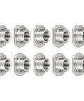 Premium Spot Weld Nuts 7/16-20 Thread Carbon Steel Double Tab Fastener 10 Pack arranged in a straight line.