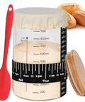 Complete Sourdough Starter Jar Kit 35 Oz Large Glass Jar With Date Marked Feeding Band Thermometer Strips Spatula Cloth Cover And Wood Lid