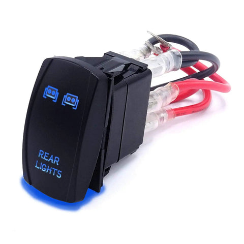 3 Pack Rocker Switch Kit With Laser Sasquatch Lighted Toggle, Blue LED Accent, rear view, wiring visible
