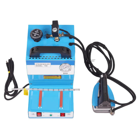 Heavy Duty Commercial Steam Iron And Pro Grade Fabric Steamer With 1600 Watt Boiler For Curtain Shops showing boiler and iron setup.