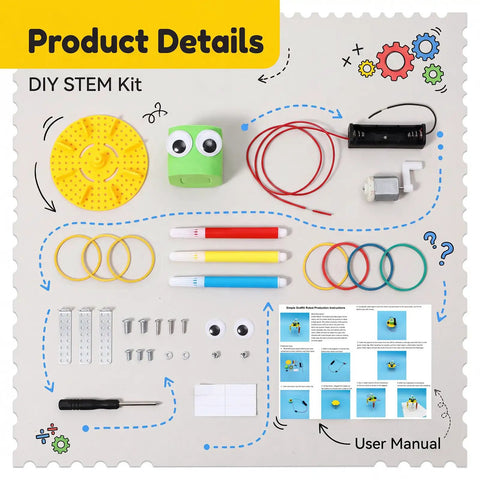 30 Pcs Doodling Robot Building Kits For Kids 8 To 12, Hands On STEM Toy Set For Classroom Activities And Club Projects, Educational Robotics DIY Project, Great For Science Experiments And Group Learning; DIY STEM kit parts laid out