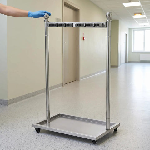 Go-To Floor Standing Mop And Broom Storage Rack For Schools, Factories, And Maintenance Crews - Heavy-Duty Cleaning Tool Holder, Movable Organizer, Keeps Cleaning Supplies Neat, Accessible, Ready To Use. Stainless steel rack on wheels