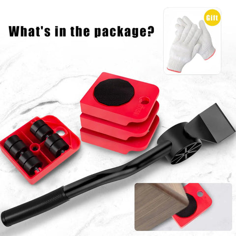 Heavy Duty Furniture Movers With Wheels And Lifter Kit including red sliders, black lifter, wheels, and gloves for heavy lifting