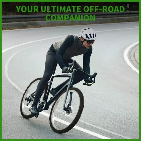 Cyclist on a road bike wearing a helmet and riding gear, curved asphalt road background, "Your Ultimate Off-Road Companion" text.