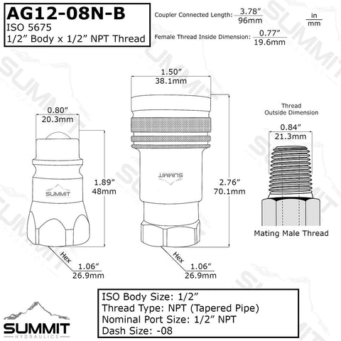Summit Hydraulics 1/2 in ISO 5675 hydraulic quick-connect male coupler with 1/2 in NPT thread and ball valve, front view