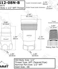 Front and side views of Summit Hydraulics 1/2 in ISO 5675 hydraulic quick-connect tractor coupler with dust caps