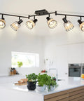 Six Light Bamboo LED Track Lighting Kit With Rattan Cage Industrial Ceiling Spotlight For Kitchen Island Living Room And Bedroom Vintage Style Track Lamp Fixture in modern kitchen
