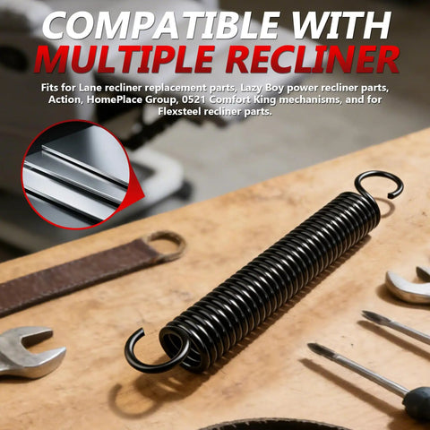 Heavy Duty Replacement Recliner Springs 4 7 8 Inch Extension Hardware Featuring Three Quarter Offset Hooks And Twenty Nine Coils on workbench with tools.