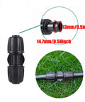 Ten Pack Half Inch Drip Irrigation Barbed Coupling Connectors, Straight Anti Drop Fittings with measurements in garden setting.