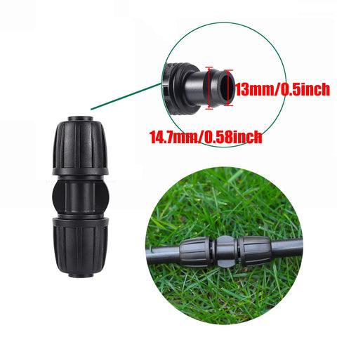 Ten Pack Half Inch Drip Irrigation Barbed Coupling Connectors, Straight Anti Drop Fittings with measurements in garden setting.