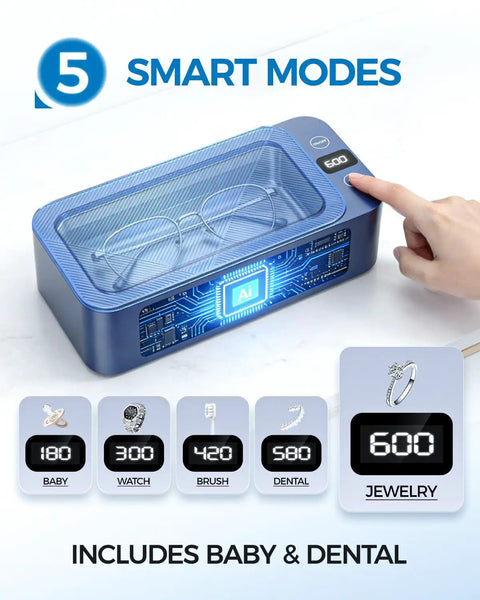 Heavy Hitter Ultrasonic Jewelry Cleaner With Triple Frequency Waves For Shiny Chains And Wristwatches Slick 316 Steel Tub with smart mode display.