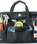 Heavyweight 16 Inch Tool Bag With 30 Pockets For Quick Access, Built Tough For Pros, showing tools in pockets, internal metal frame visible