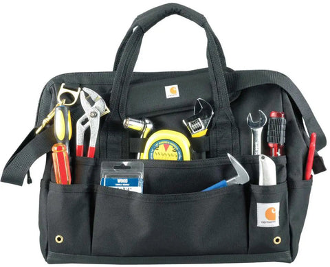 Heavyweight 16 Inch Tool Bag With 30 Pockets For Quick Access, Built Tough For Pros, showing tools in pockets, internal metal frame visible
