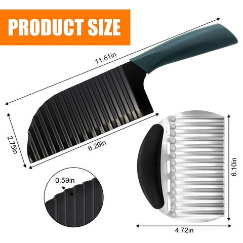 Two-piece crinkle cutter set with stainless steel blades and ridged edges; includes green-handled knife and slicer