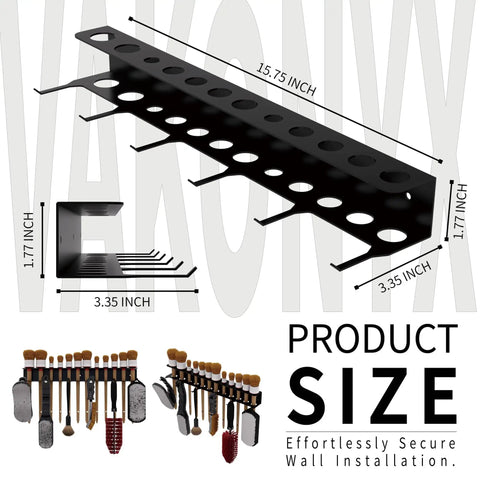 Heavy Duty Wall Mount Brush Holder and Tool Hanger Rack for Garage Detailing Organizer with Mounting Hardware Holds 12 Brushes and Hooks for Towels and Tools, black steel, side view with dimensions.
