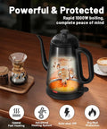 Image of Gooseneck Electric Kettle For Epic Pour Over Coffee And Tea, 1L stainless steel, 1000W fast heat, on a kitchen counter