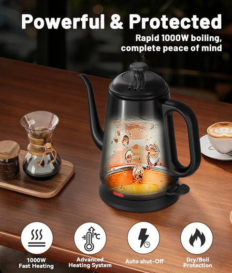 Image of Gooseneck Electric Kettle For Epic Pour Over Coffee And Tea, 1L stainless steel, 1000W fast heat, on a kitchen counter