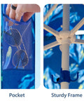 Close-up of Beach Cabana Canopy 6.5 Feet By 6.5 Feet pockets and sturdy frame, featuring sand pocket holding sunglasses.